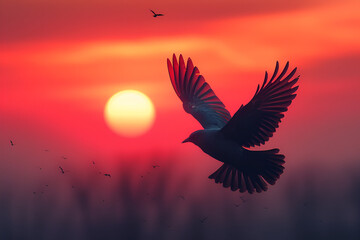 Sunset Bird Inspirational Images Flying Silhouet, 
A bird in flight against a fiery sunse
 - Powered by Adobe