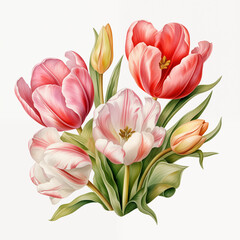 Fototapeta premium Pastel tulip watercolor clipart illustration, isolated on white background. tulip bouquet in a vase illustration