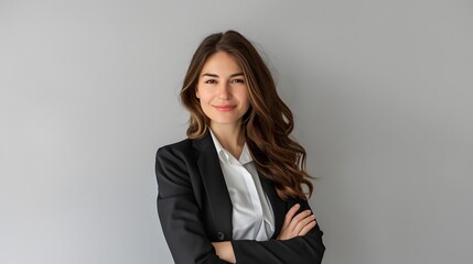 business woman standing with her arms crossed on a light grey background