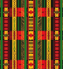 
Kente cloth pattern with traditional African motifs in red, yellow and green colors, seamless vector design for fabric printing