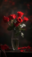 A vase of red roses on a table.