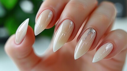 A woman with long white stilts and white nail polish.