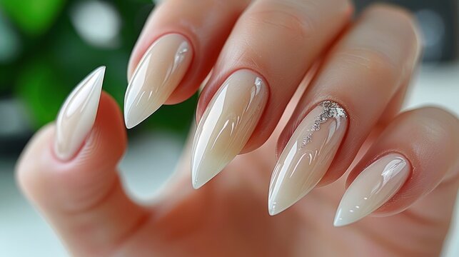 A woman with long white stilts and white nail polish.