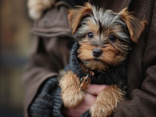 A small dog is being held by a person.