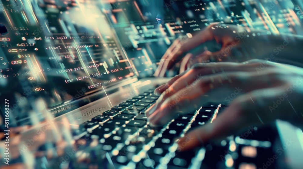 Aufkleber hands typing on computer keyboard, with abstract code, online cyber attack, hack, threats and breach