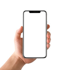 hand holding smart phone isolated on transparent white background, clipping path 