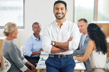 Manager, portrait and meeting with business people in office for man or confidence for company. Workforce, collaboration and brainstorm with teamwork in Canada for industry conference with pride