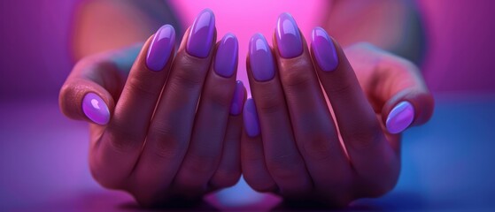 A woman's hands with purple nails and a neon light. - Powered by Adobe