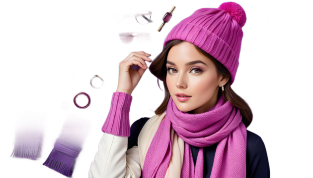 hat woman purple scarf stylish pink fashion style accessory winter trendy fashionable headwear outerwear outfit colourful vibrant feminine chic elegant cosy