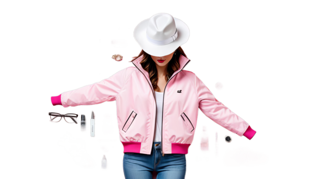 stylish jacket woman white pink hat fashion outfit trendy accessory clothing style outerwear headwear fashionable chic