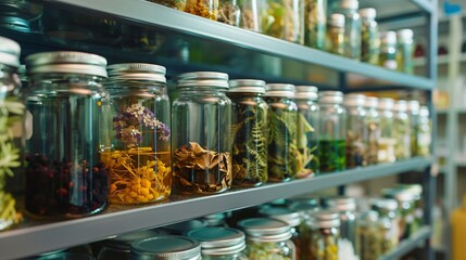 Close up of shelves filled with jars of plant samples and botanical extracts in a pharmacognosy laboratory