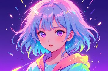 Cute girl in neon jacket glowing aura, anime illustration