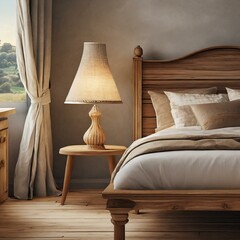 luxury hotel bedroom.a rustic bedside table lamp positioned near a bed with a wooden headboard, showcasing the essence of French country, farmhouse, and Provence interior design in a modern bedroom se