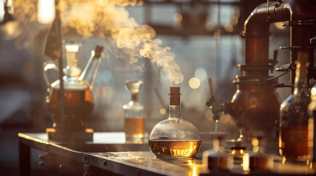 Front shot of an essential oil distillation process, with steam rising from the still and glassware gleaming in the light