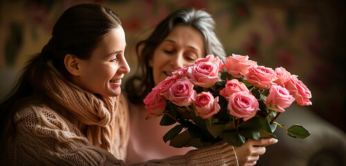 A daughter presenting her mother with a bouquet of pink roses, both sharing a moment of gratitude and love, captured in pristine ultra HD