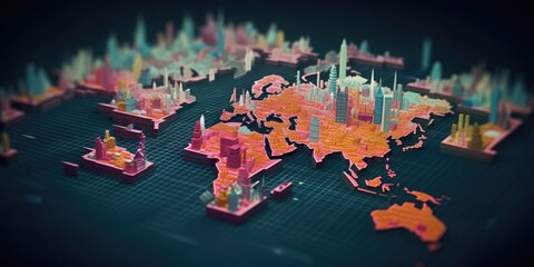 Highly detailed 3D world map with city building representations and dynamic lighting on a dark grid...