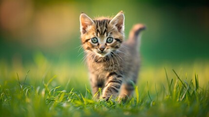 Brown tabby kitten walks on green grass, blurred background