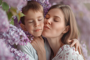 A little son kisses his mother on Mother's Day amidst lilac tones