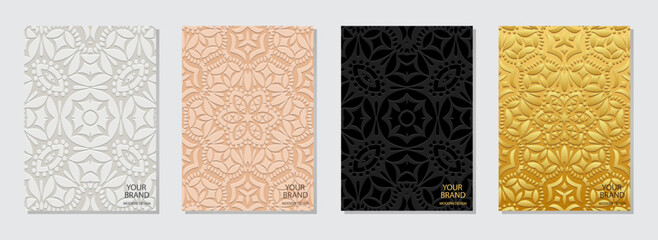 A set of original covers, vertical templates. A collection of relief, geometric backgrounds with ethnic 3D patterns. Ornaments, arabesques, handmade. Culture of the East, Asia, India, Mexico, Aztec