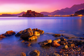 Europe, Montenegro, Budva city, cliffs and rocky coast near famous Sveti Stefan island, Europe,...