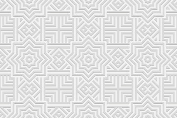 Embossed white background, tribal vintage cover design. Geometric ethnic fashionable 3D pattern, boho style. Ornaments, arabesques, handmade. Culture of the East, Asia, India, Mexico, Aztec, Peru.