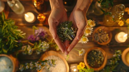 Top view of person's hands holding medicinal plants for creating herbal tea blends used for remedies in healthcare, with jars full of dried plants on the wooden table 