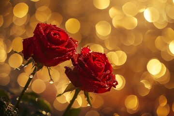 Sparkling red roses with golden bokeh background