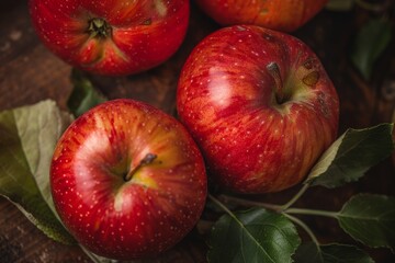 Ripe red apples with leaves on a dark background