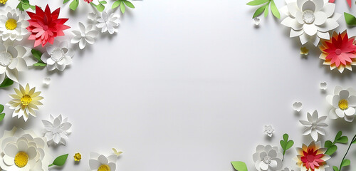 A wide expanse of white with delicate paper-cut flowers at the edges providing plenty of space for personalized Mother's Day wishes. copyspace.