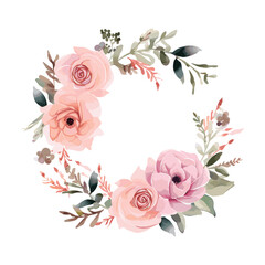 a wreath of pink roses with green leaves and pink flowers water colour