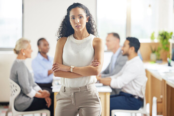 Manager, woman and portrait for meeting with businesspeople in office with confidence....