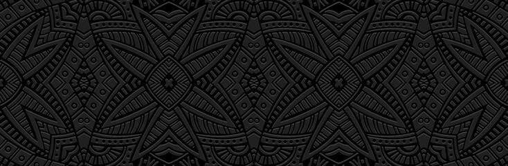 Banner, tribal cover design. Relief geometric vintage exotic 3D pattern on a black background. Ethnic ornaments, arabesques, handmade. Culture of the East, Asia, India, Mexico, Aztec, Peru.