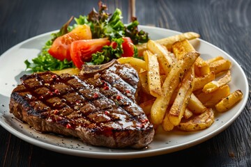 Delicious grilled steak with french fries and fresh salad