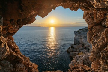 Sunset over the sea viewed through a cave opening