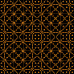 On a black background an abstract pattern of shaped thin lines in orange color