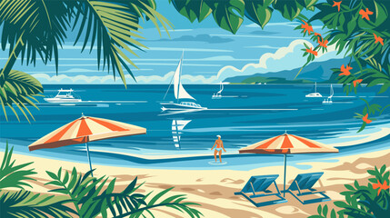 Obraz premium Tropics, sea sandy shore with palm trees, sea and yachts. Flat illustration, background. Concept for seaside holiday, travel, seaside resort