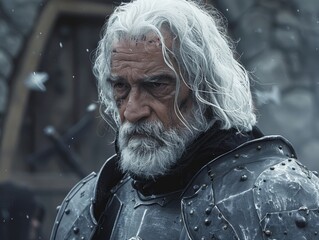 Rugged warrior in snowy landscape