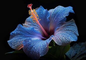 Vibrant blue hibiscus flower with water droplets
