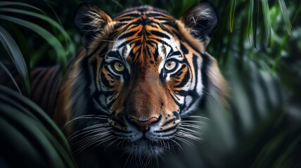 Intense tiger gaze amidst green foliage