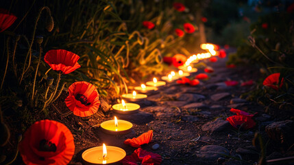 Night lit by candles among poppies, creating a path of remembrance on Memorial Day.