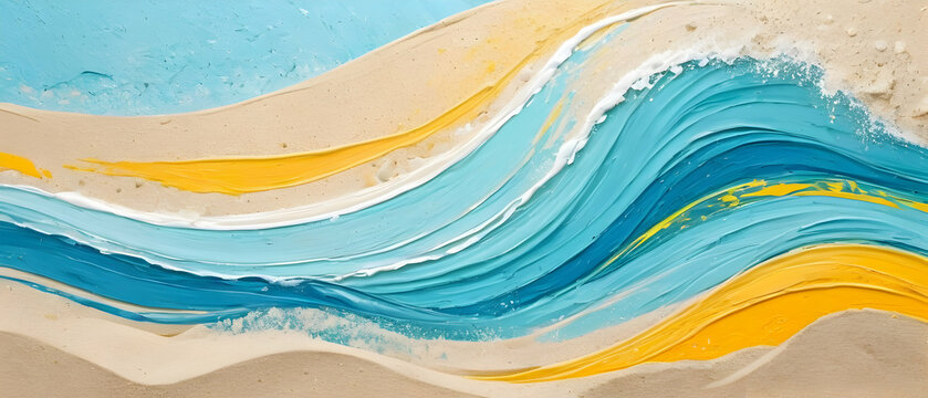 Colorful wave and sand abstract painting. Impressionist pastel blue, yellow backdrop with bold brush strokes.