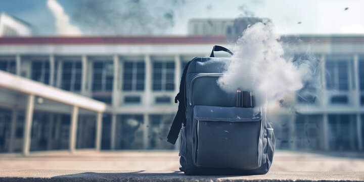 Colorful vapes flying out of high school backpack bag smoke e-cigarette vape floating in air chalkboard background nicotine quit education ad health epidemic vaping addiction awareness in teen youth