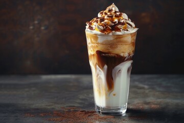 Delicious layered coffee drink with whipped cream and caramel drizzle