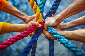 Team rope diverse strength connect partnership together teamwork unity communicate support. Strong...