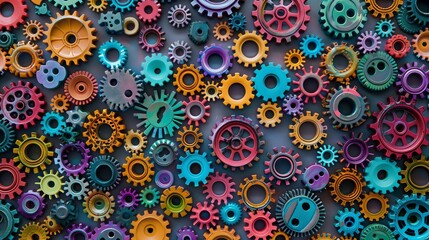 "Pattern of congested, bright new plastic gears."