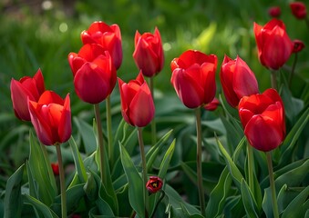 A group of vibrant red tulips are in full bloom