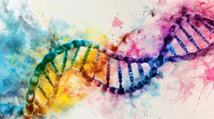 A Creative Watercolor Artwork Depicting A DNA Helix, Splashed In A Spectrum Of Vivid Colors And Dynamic Textures