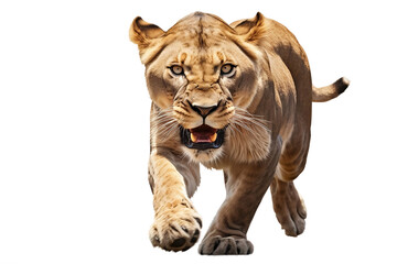 Realistic depiction of a lioness pouncing on prey in the savanna.