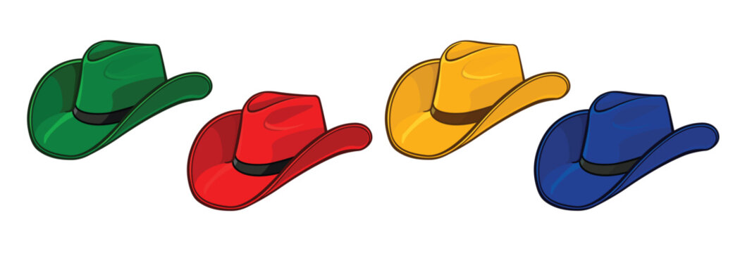 cartoon cowboy stetson hat bright colors yellow red blue green set transparent background