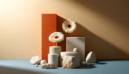 Minimalist Geometric Composition with Gerbera Flowers on Pastel Blocks and Stone
